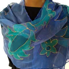 KÉK SELYEM CHIFON SÁL RÉGI MAGYAR MINTÁVAL