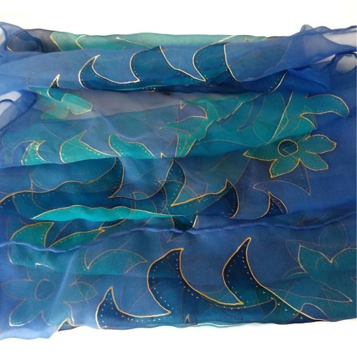 KÉK SELYEM CHIFON SÁL RÉGI MAGYAR MINTÁVAL