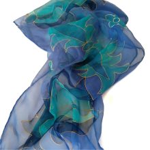 KÉK SELYEM CHIFON SÁL RÉGI MAGYAR MINTÁVAL