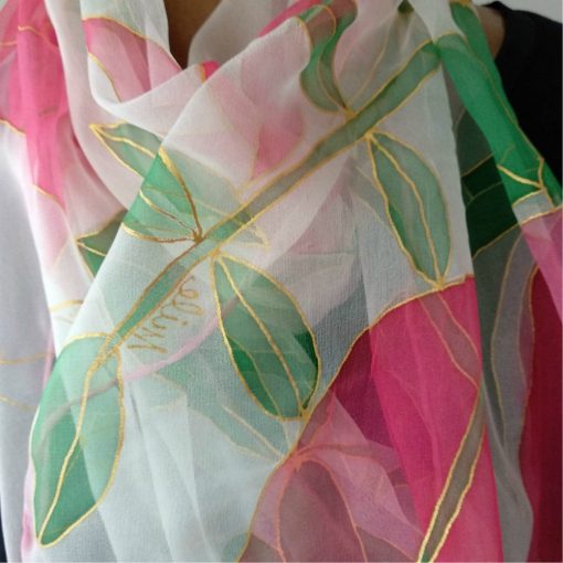 FEHÉR SELYEM CHIFON SÁL TULIPÁNOKKAL