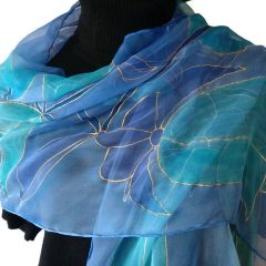 KÉK SELYEM CHIFON SÁL TULIPÁNOKKAL